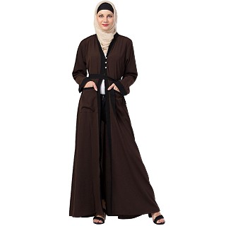Front open abaya with black border- Coffee-Brown 